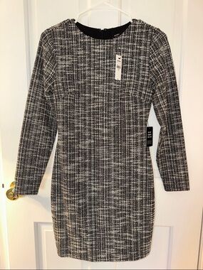 Express Black and White Tweed Long-Sleeve Sheath Dress